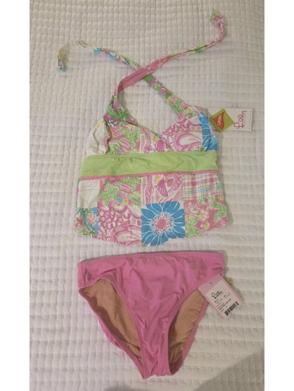 Lilly Pulitzer Sz 0 Ellie Tankini Pool House P Multi Patchwork Bathing Suit VTG